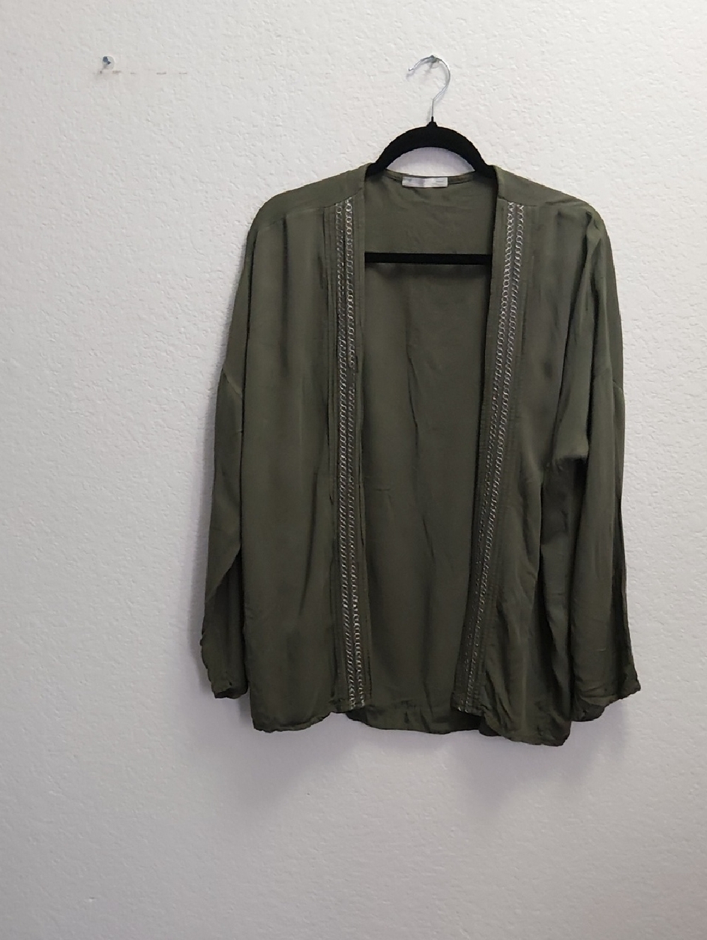Lightweight Olive Open-Front Embroidered Trim Jacket